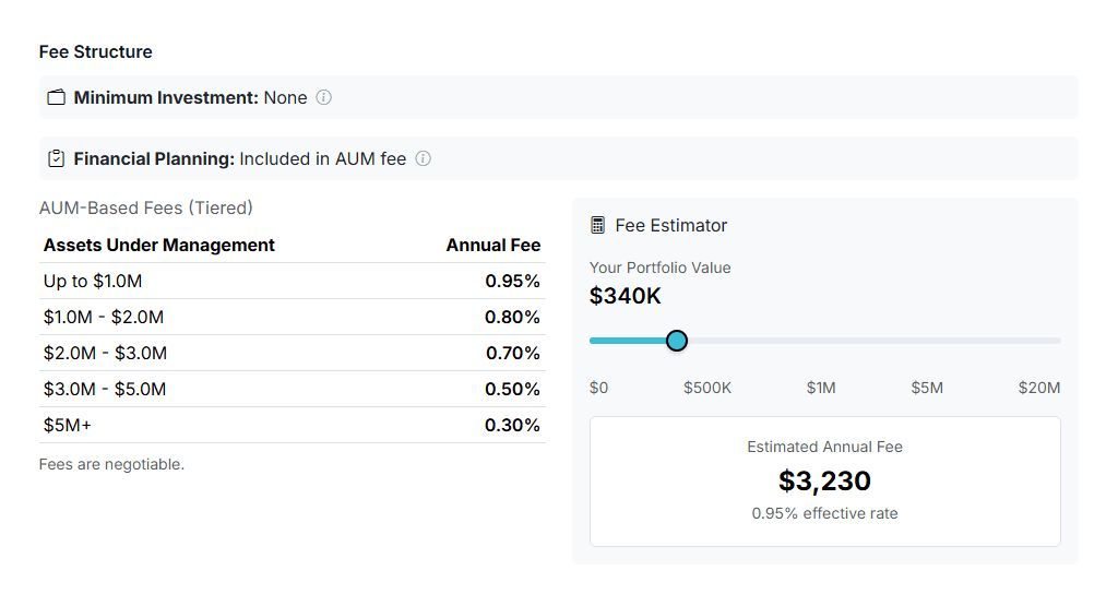 Fee structure table with fee estimator